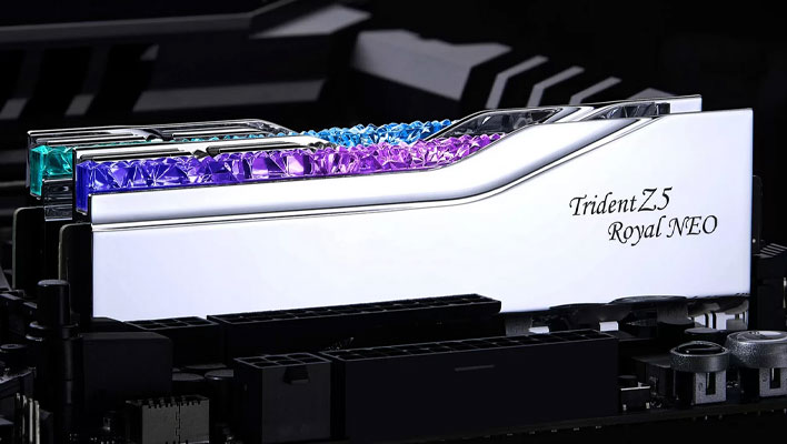 G.Skill Trident Z5 Royal Neo DDR5 RAM in silver colorway installed in a motherboard.