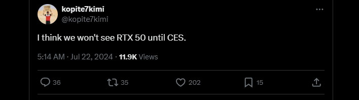 Post on X/Twitter regarding the GeForce RTX 50 series launch timing.