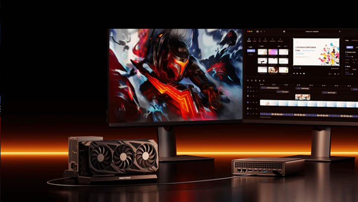 Minisforum MS-A1 mini PC attached to an external graphics card.