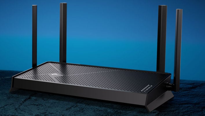 Angled view of TP-Link's Archer BE3600 Wi-Fi 7 router on a blue background.