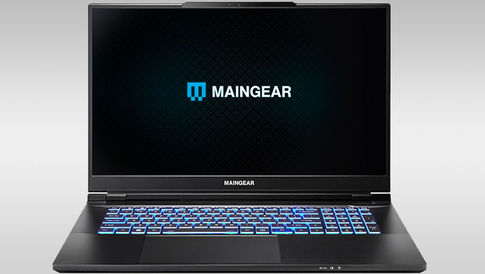 Front view of Maingear's open ML-17 gaming laptop on a gray gradient background.