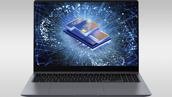 Samung Galaxy Book4 Ultra 16 on a gray gradient background.