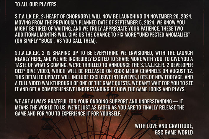 Stalker 2 statement announcing a new delay.