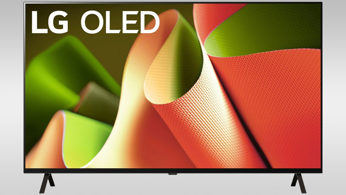 LG OLED TV on a gray gradient background.