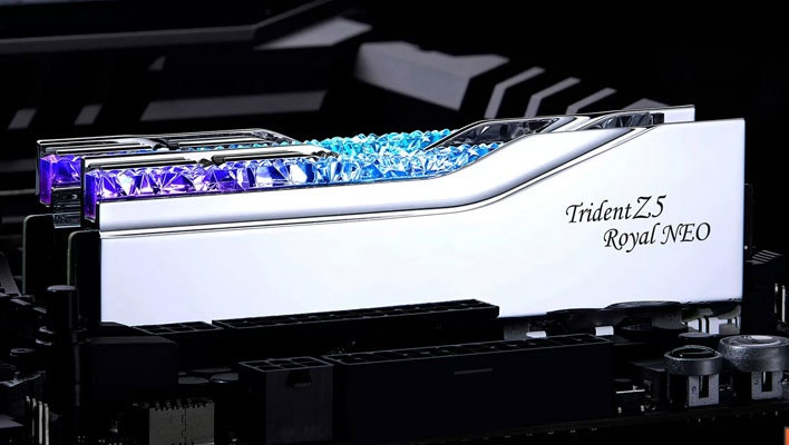 G.Skill Trident Z5 Royal Neo DDR5-6000 RAM with silver heatspreaders installed in a motherboard.