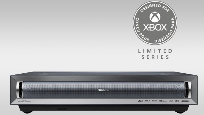Hisense PX3-Pro projector on a gray gradient background.