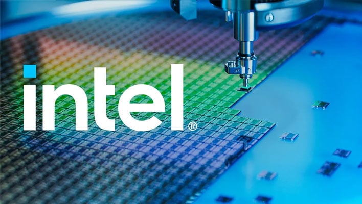 Intel banner showing a machine handling wafer chips.