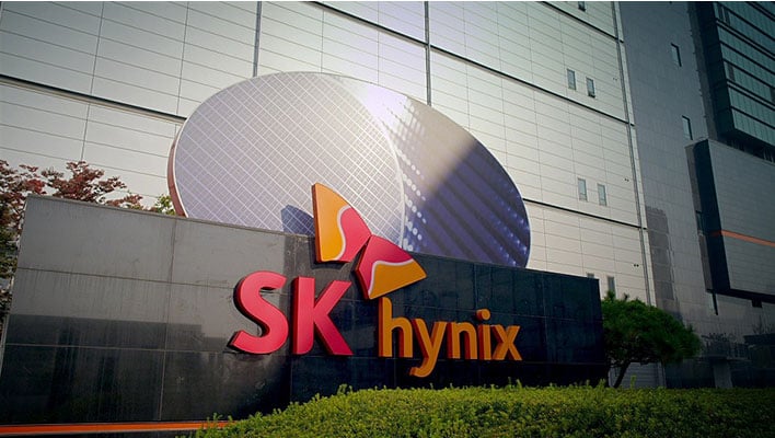 SK hynix sign in front of building.