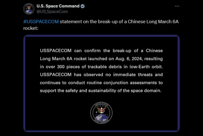 us space command tweet china debris