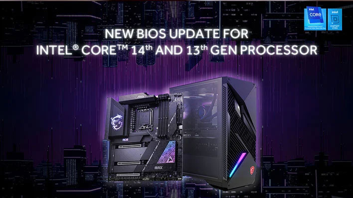 MSI motherboard and desktop in front of a city landscape.