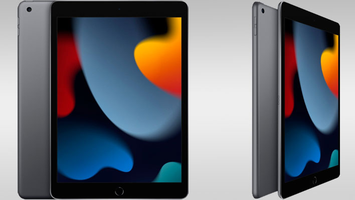 Apple iPad (front, back, and side) renders on a gray gradient background.