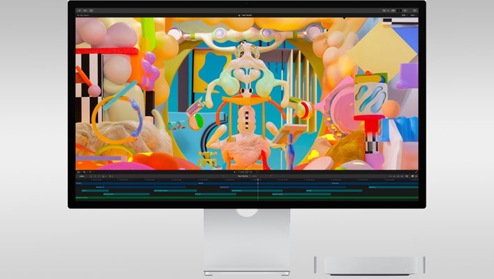 Apple Mac mini next to a Studio Display on a gray gradient background.