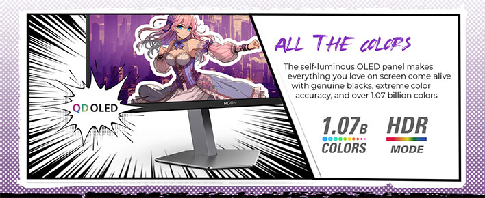 Cartoonish banner highlighting the QD-OLED panel on AOC's Agon Pro AG276QZD2 monitor.