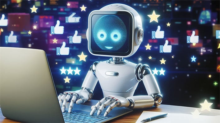 An AI robot posting a review on a laptop. Background is filled with thumbs up images and star images.