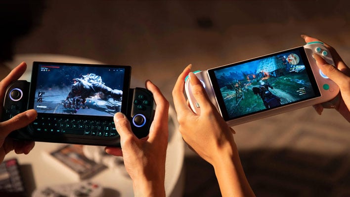 Black and white Antec Core HS handheld consoles being played on.