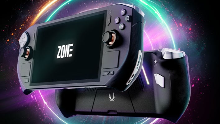 Front and back renders of Zotac's Zone handheld in front of colorful rings in space.