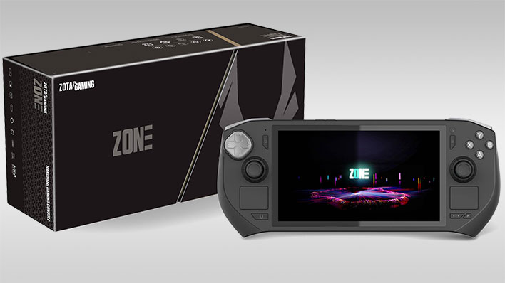 Zotac Zone gaming handheld with retail box on a gray gradient background.