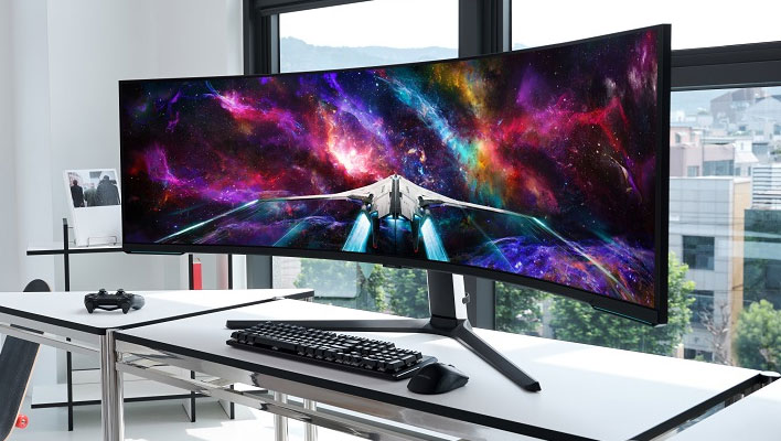 Samsung Odyssey Neo G9 on a desk.