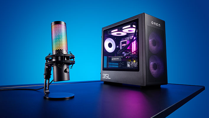 HyperX QuadCast 2 S microphone next to an Omen 35L destkop on a blue background.