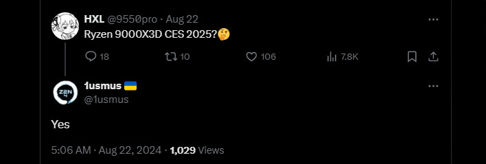 HXL post on X/Twitter about Ryzen 9000X3D launching at CES 2025.