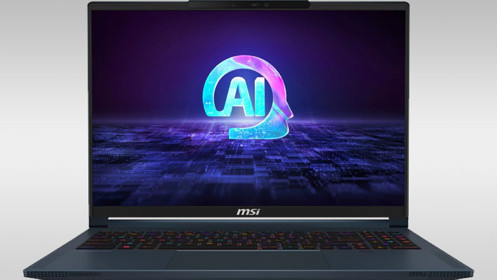 MSI Stealth 16 AI laptop on a gray gradient background.