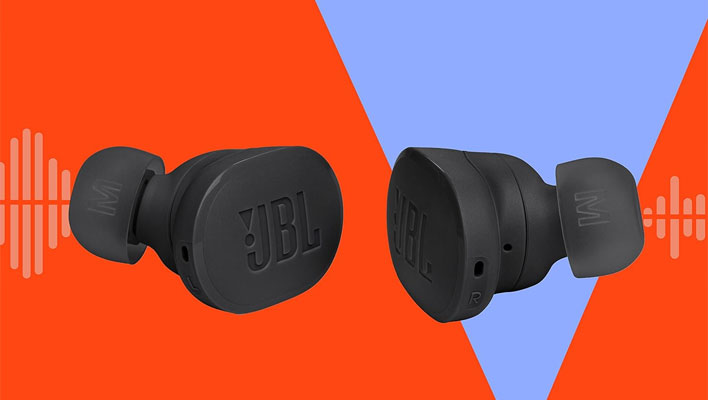 JBL Tune Buds on blue and orange background.