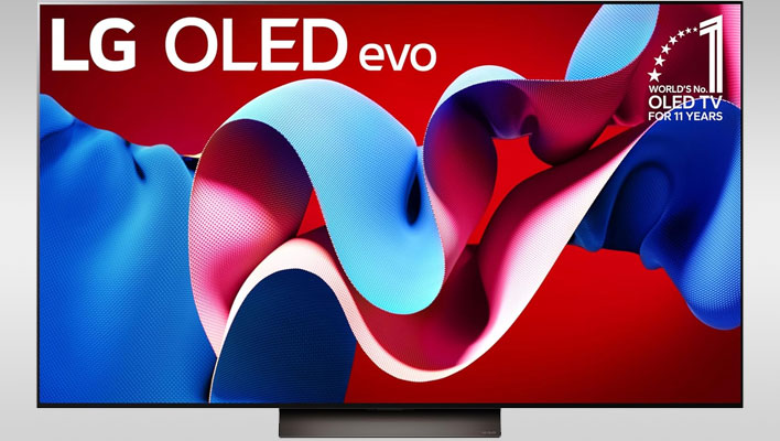 LG OLED Evo TV on a grey gradient background.