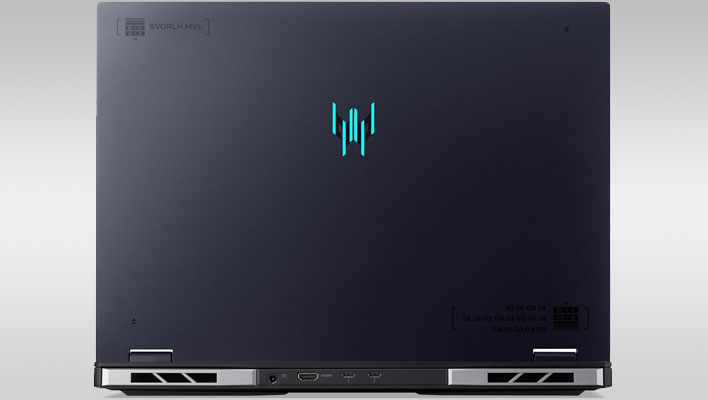Back view of an Acer Predator Helios Neo 18 laptop on a gray gradient background.