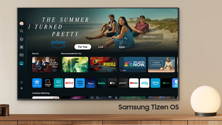 Samsung TV on a wall running smart apps.