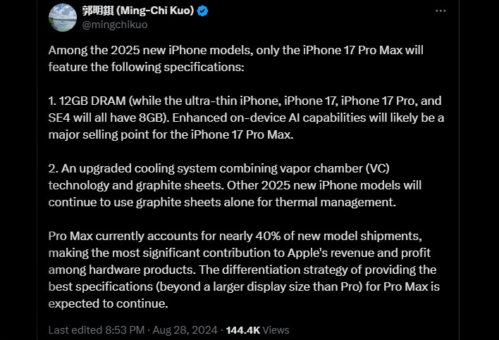 Ming-Chi Kuo post on X/Twitter about the iPhone 17 Pro Max.