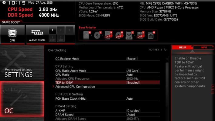 msi click bios 105w tdp option