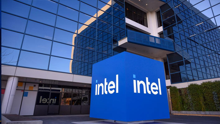 Intel sign in front of its headquarters.