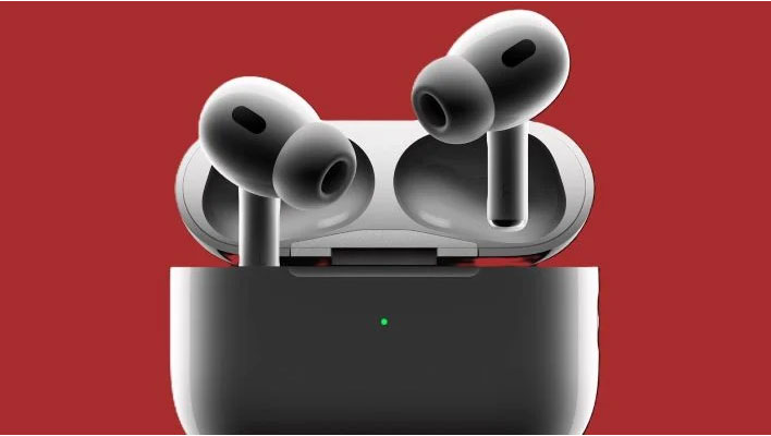 AirPods Pro 2nd Generation in a charging case on a red background.