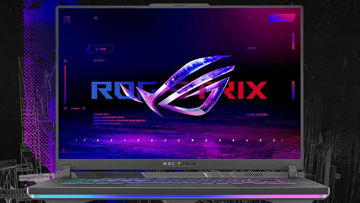 ASUS ROG Strix G16 laptop on a backround of a sketched city landscape.