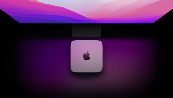 Top-down render of an Apple Mac Mini in front of a monitor.