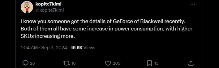 Post on X/Twitter about an increase in power draw for NVIDIA's Blackwell GPUs.