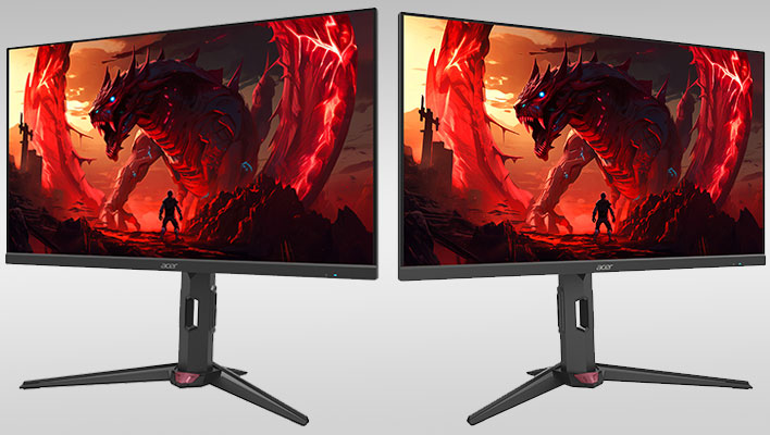 Two angled views of Acer's Nitro XV270 F5 gaming monitor on a gray gradient background.