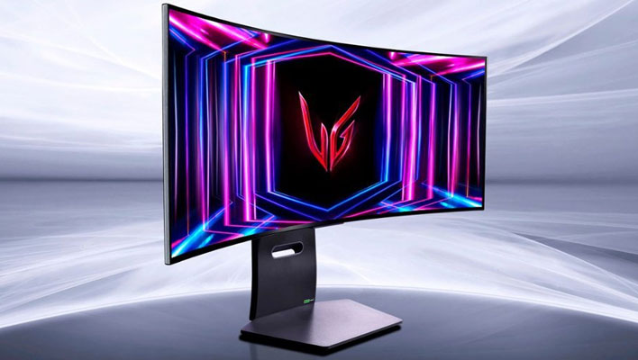 Angled render of LG's UltraGear 34-inch OLED monitor.