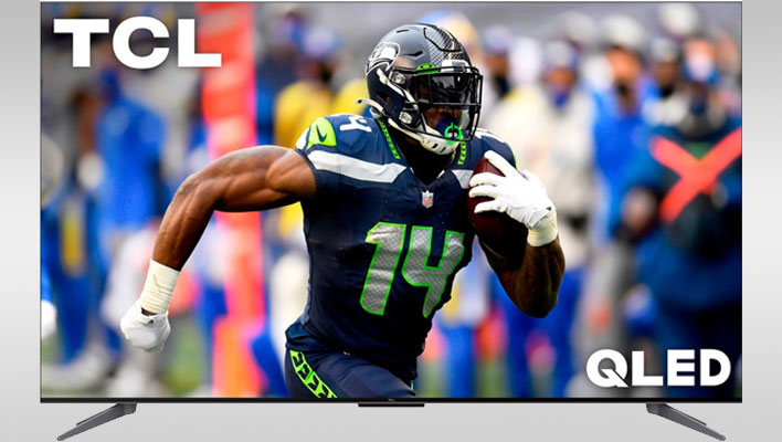 TCL TV with a football player on the display, on a gray gradiient backgound.