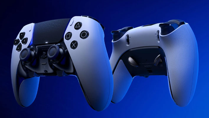 Front and back Sony DualSense controller renders on a dark blue gradient background.