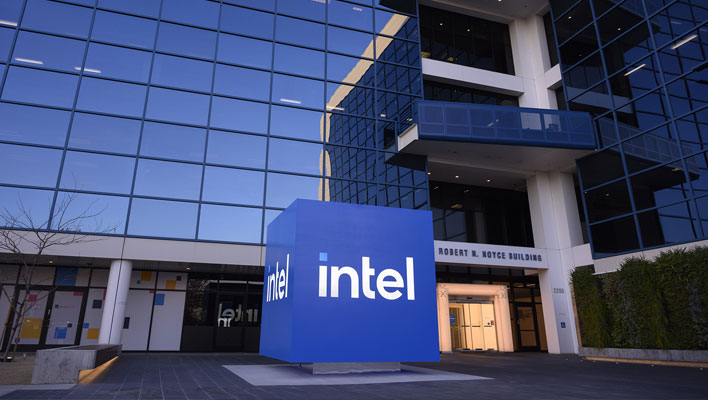 Intel sign in front of its headquarters.