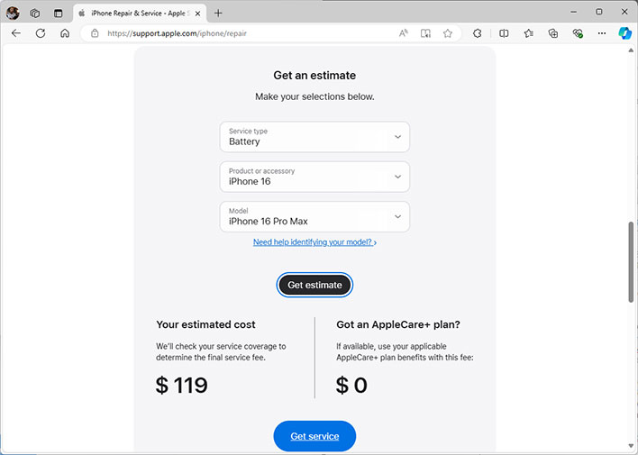 Screenshot of Apple's battery replacement fee estimate for the iPhone 16 Pro Max.