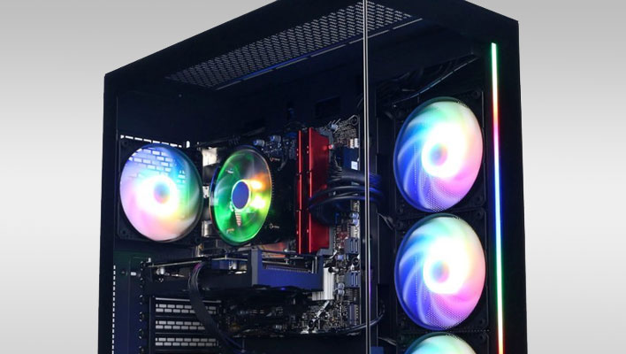 Closeup of a CyberPowerPC gaming desktop on a gray gradient background.