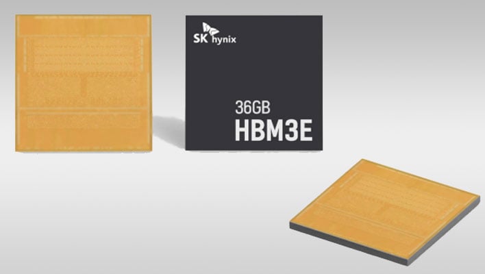 SK hynix HBM3E memory chips on a gray gradient background.