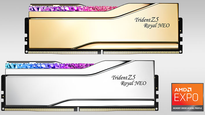 Gold and silver G.Skill Trident Z5 Royal Neo DDR5-9000 RAM modules on a gray gradient background.