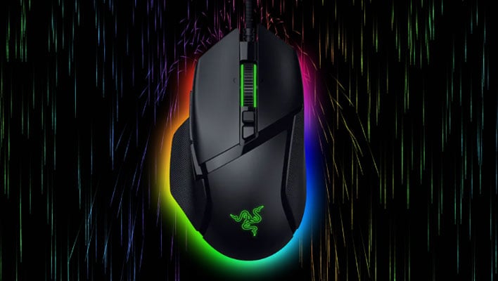 Razer Basilisk V3 35K gaming mouse in front of RGB colored lights.
