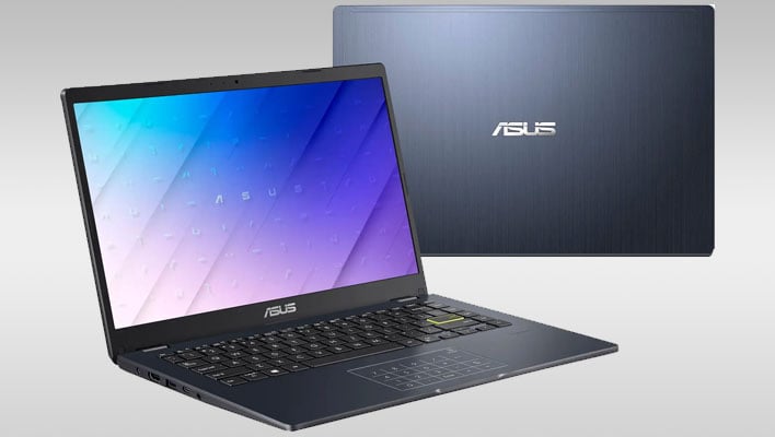 ASUS laptop (front and back view) on a gray gradient background.