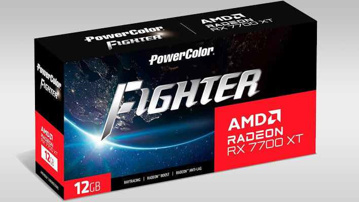 Angled retail box render for PowerColor's Radeon RX 7700 XT on a gray gradient background.