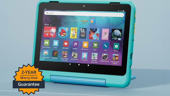 Angled view of Amazon's Fire HD 8 Kids tablet.