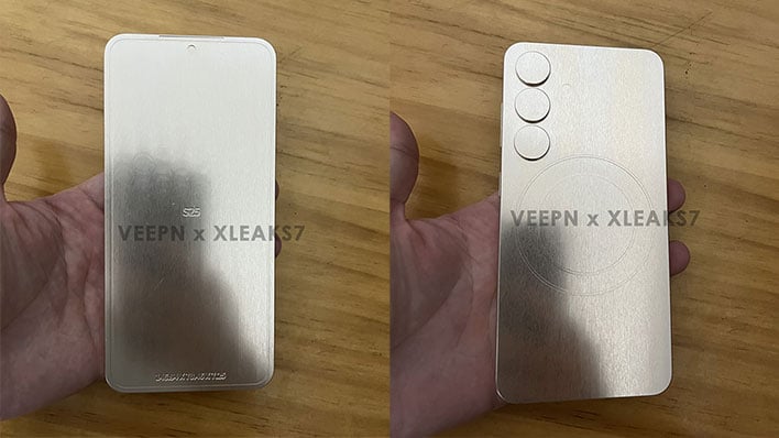 Front and back shots of Samsung Galaxy S25 dummy phone being held over a wooden surface.